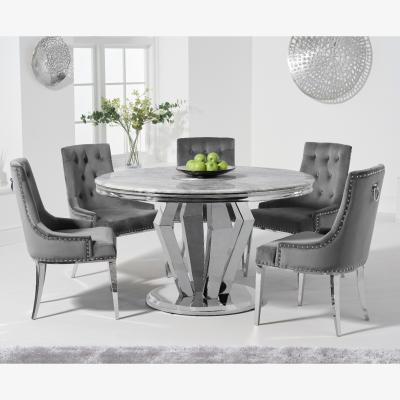 Oak&More Viscount 130cm Round Marble Dining Table With 6 Grey Sienna Velvet Chairs