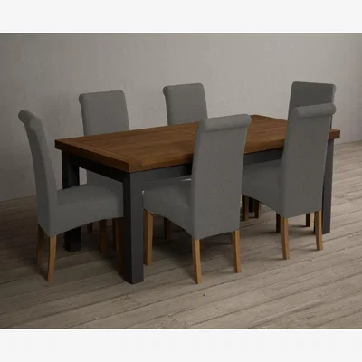 Oak&More Extending Hampshire 180cm Oak and Charcoal Grey Dining Table With 8 Charcoal Grey Scroll Back Chairs