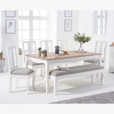 Oak&More Parisian 175cm Shabby Chic Table with Chairs with Grey Fabric Seats and Bench - White, 2 Chairs