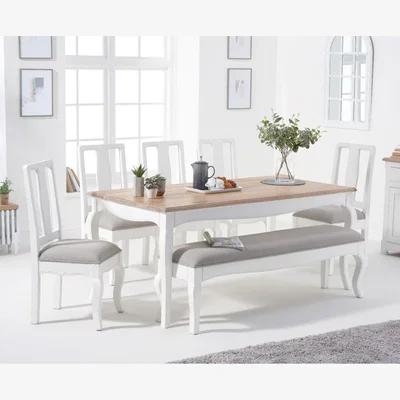 Oak&More Parisian 175cm Shabby Chic Table with Chairs with Grey Fabric Seats and Bench - White, 2 Chairs