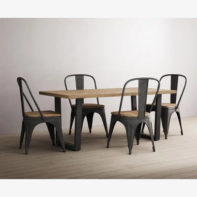 Oak&More Herringbone 190cm Solid Oak and Metal Dining Table With 4 Herringbone Oak and Metal Chairs