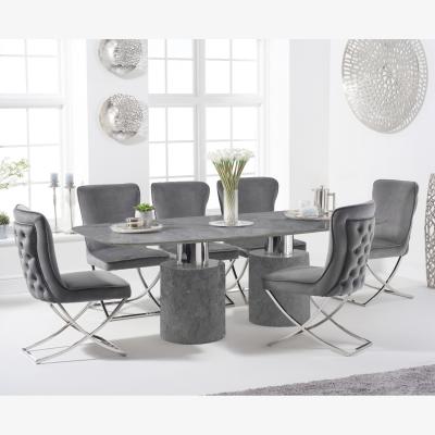 Oak&More Antonio 220cm Grey Marble Table With 10 Grey Lorenzo Velvet Chairs