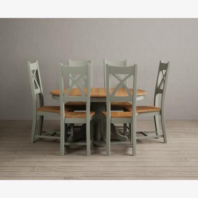 Oak&More Extending Hertford 100cm - 130cm Oak and Soft Green Painted Pedestal Dining Table with 4 Blue  Chairs