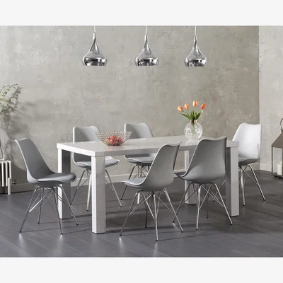 Oak&More Atlanta 160cm Light Grey High Gloss Dining Table With 6 Light Grey Celine Chrome Leg Chairs
