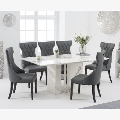 Oak&More Alicia 180cm White Marble Dining Table With 6 Grey Sophia Chairs
