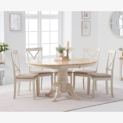 Oak&More Epsom Cream Pedestal Extending Table with Epsom Chairs with Cream Fabric Seats - Cream, 4 Chairs