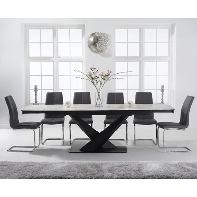 Oak&More Jacob 180cm White Extending Ceramic Dining Table with Tarin Chairs - Grey, 6 Chairs