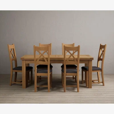 Oak&More Extending Hampshire 180cm Solid Oak Dining Table With 8 Light Grey X Back Chairs