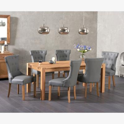 Oak&More Thetford 150cm Oak Dining Table with Thetford 45cm Oak Extensions with 6 Grey Clara Chairs