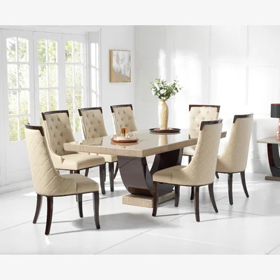 Oak&More Novara 200cm Brown Pedestal Marble Dining Table with 6 Cream Francesca Chairs
