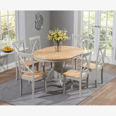 Oak&More Epsom Oak and Grey Painted Pedestal Extending Dining Set With 6 Oak and Grey Chairs
