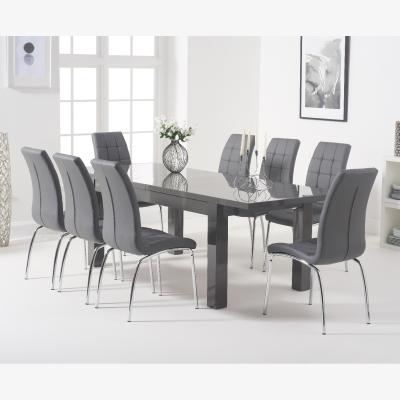 Oak&More Atlanta Dark Grey Gloss 160-220cm Extending Dining Table With 6 Red Calgary Chairs