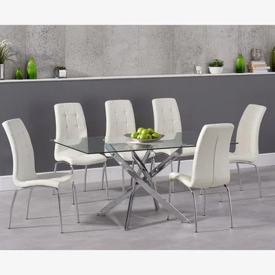Oak&More Denver 160cm Glass Dining Table With 4 Cream Calgary Chairs
