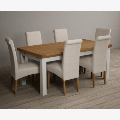 Oak&More Extending Hampshire 180cm Oak and Signal White Dining Table With 10 Natural Scroll Back Chairs