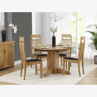 Oak&More Dorchester 120cm Solid Oak Round Extending Dining Table With 4 Brown Monaco Chairs