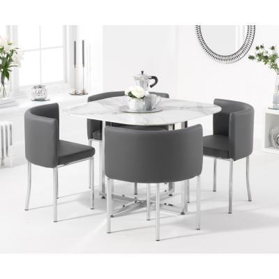 Oak&More Algarve White Marble Stowaway Dining Table with Grey High Back Stools - Grey, 4 Chairs