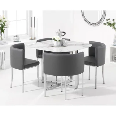 Oak&More Algarve White Marble Stowaway Dining Table with Grey High Back Stools - Grey, 4 Chairs