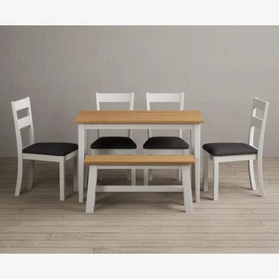 Oak&More Kendal 115cm Solid Oak and Signal White Painted Dining Table with 4 Charcoal Grey Kendal Chairs with 2 Oak and White Benches