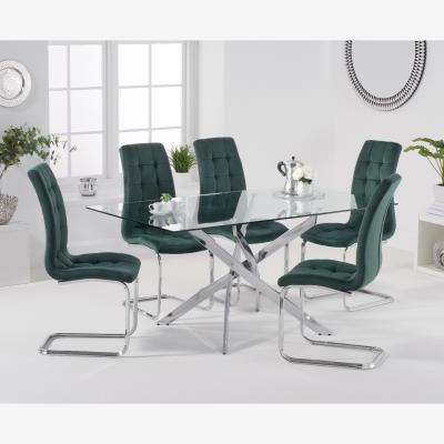 Oak&More Denver 160cm Rectangular Glass Dining Table with Lorin Velvet Chairs - Blue, 4 Chairs