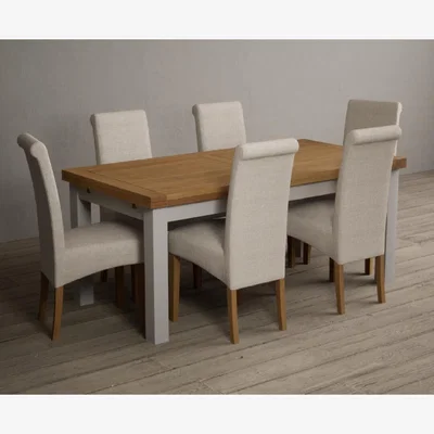 Oak&More Extending Hampshire 180cm Oak and Soft White Painted Dining Table Scroll With 10 Blue Back Chairs