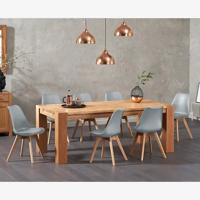 Oak&More Sheringham 200cm Solid Oak Dining Table With 6 Light Grey Orson Faux Leather Chairs