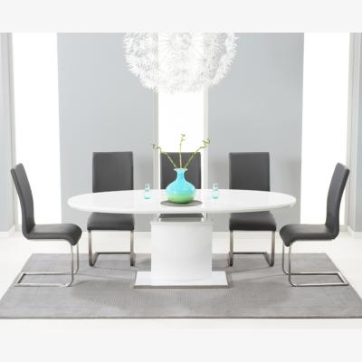 Oak&More Santana 160cm White High Gloss Extending Pedestal Dining Table With 4 Black Malaga Chairs