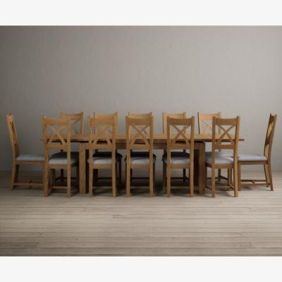 Oak&More Extending Buxton 180cm Solid Oak Dining Table with 12 Linen Natural Solid Oak Chairs