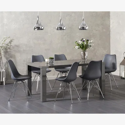 Oak&More Atlanta 160cm Dark Grey High Gloss Dining Table With 8 Light Grey Celine Chrome Leg Chairs