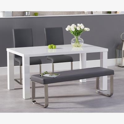 Oak&More Seattle 160cm White High Gloss Dining Table with 2 Grey Austin Chairs with 2 Grey Benches