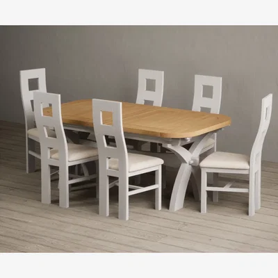 Oak&More Extending Olympia 180cm Oak and Soft White Painted Dining Table with 6 Linen Painted Chairs