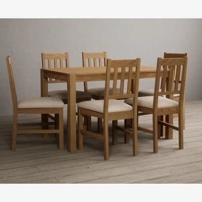 Oak&More York 120cm Solid Oak Dining Table With 4 Linen York Chairs