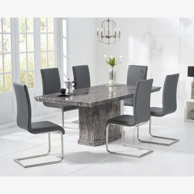 Oak&More Carvelle 160cm Dark Grey Pedestal Marble Dining Table With 6 White Malaga Chairs