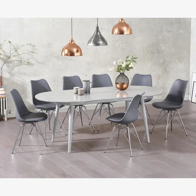 Oak&More Olivia Extending Light Grey High Gloss Dining Table With 6 Light Grey Celine Chairs