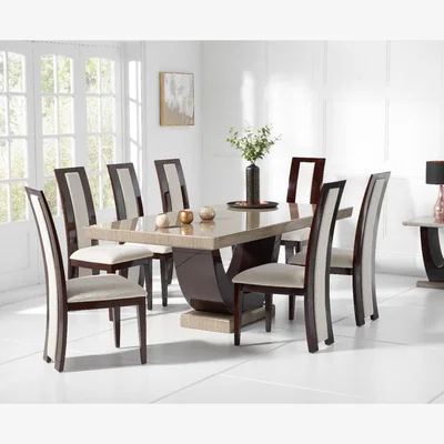 Oak&More Novara 200cm Brown Pedestal Marble Dining Table with 12 Black Novara Chairs