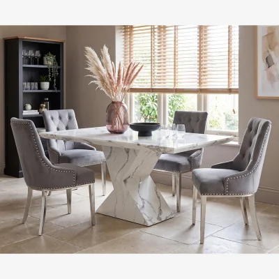 Oak&More Aaron 160cm Marble White Dining Table with 4 Grey Sienna Chairs