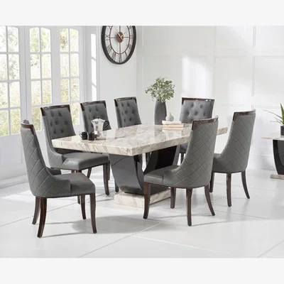 Oak&More Novara 200cm Cream and Black Pedestal Marble Dining Table with 10 Cream Francesca Chairs
