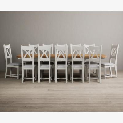 Oak&More Atlas 180cm Oak and Chalk White Extending Dining Table With 12 Charcoal Grey X Back Chairs