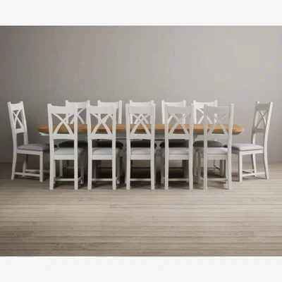 Oak&More Atlas 180cm Oak and Chalk White Extending Dining Table With 12 Charcoal Grey X Back Chairs