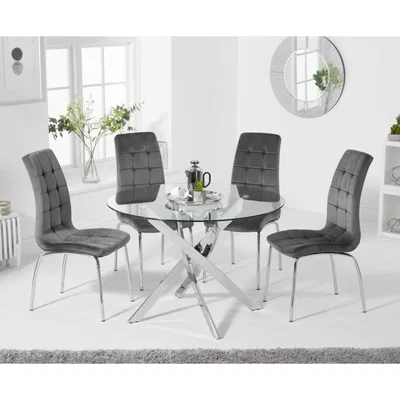 Oak&More Denver 110cm Glass Dining Table with Calgary Velvet Chairs - Green, 4 Chairs