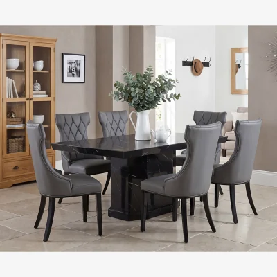 Oak&More Carvelle 160cm Black Pedestal Marble Dining Table with 6 Grey Sophia Chairs