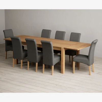 Oak&More Thetford 180cm Oak Dining Table with Thetford 45cm Oak Extensions with 10 Grey Scroll Back Chairs