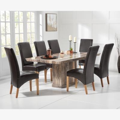 Oak&More Carvelle 160cm Brown Pedestal Marble Dining Table With 6 Cream Cannes Chairs