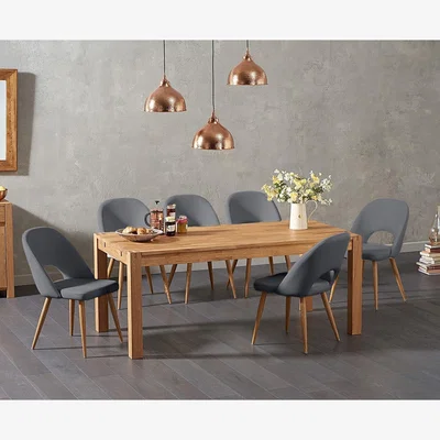 Oak&More Thetford 180cm Solid Oak Dining Table With 6 Grey Hudson Faux Leather Chairs