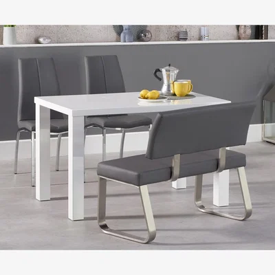 Oak&More Atlanta 120cm White High Gloss Dining Table With 2 Ivory White Cavello Chairs and 1 Grey Malaga Benches