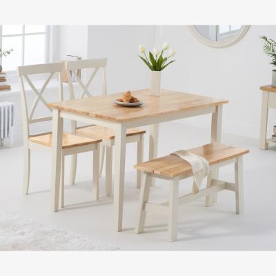 Oak&More Chiltern 114cm Oak and Cream Painted Table With 2 Cream Epsom Chairs and 1 Oak and Cream Chiltern Benches