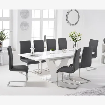 Oak&More Halo 160cm White High Gloss Extending Dining Table With 8 White Malaga Faux Leather Chairs