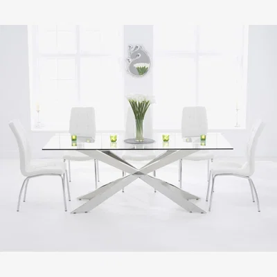 Oak&More Juniper 200cm Glass Dining Table With 10 Ivory White Calgary Chairs