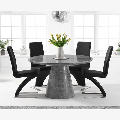 Oak&More Ravello 130cm Round Grey Marble Dining Table With 4 Black Aldo Chairs