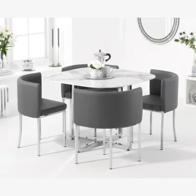 Oak&More Algarve White Marble Dining Table With 4 Grey High Back Stools