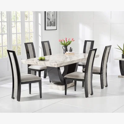 Oak&More Raphael 170cm Cream and Black Pedestal Marble Dining Table with 4 Black Novara Chairs